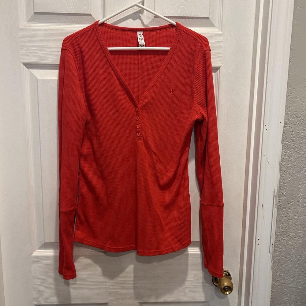 ZYIA Active Red Waffle Knit Henley Top Long Sleeve Thumbholes XL Active Thermal